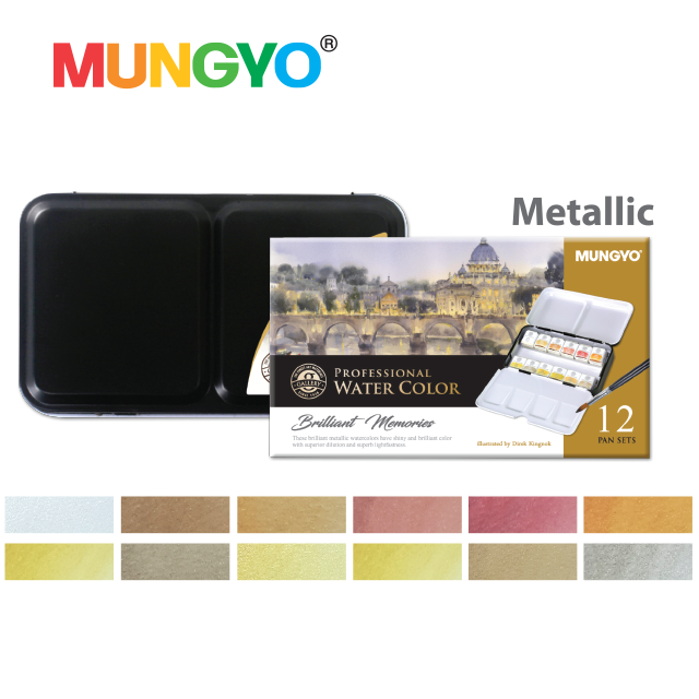 MUNGYO Professional Watercolor Set, Tin Case, 12 Colors, Metallic Colors